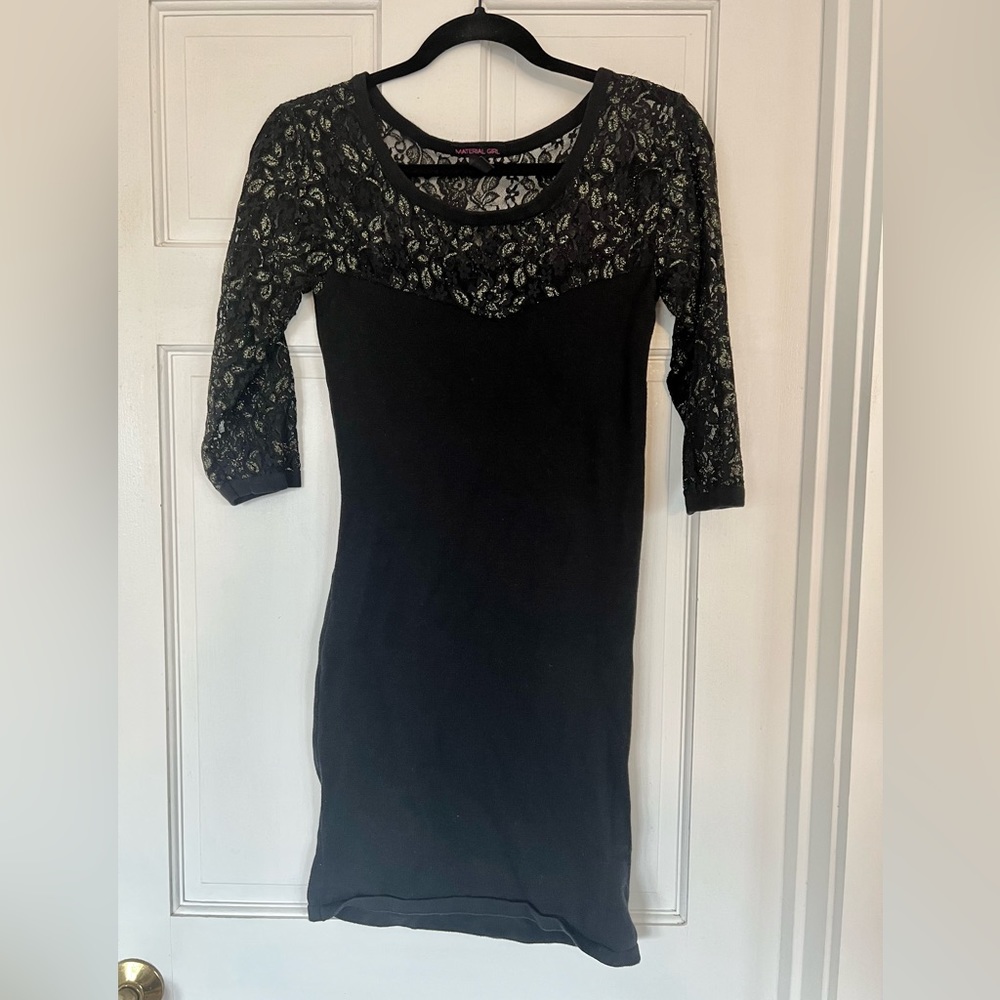 Material Girl size M black fitted sweater dress with gold & black lace top